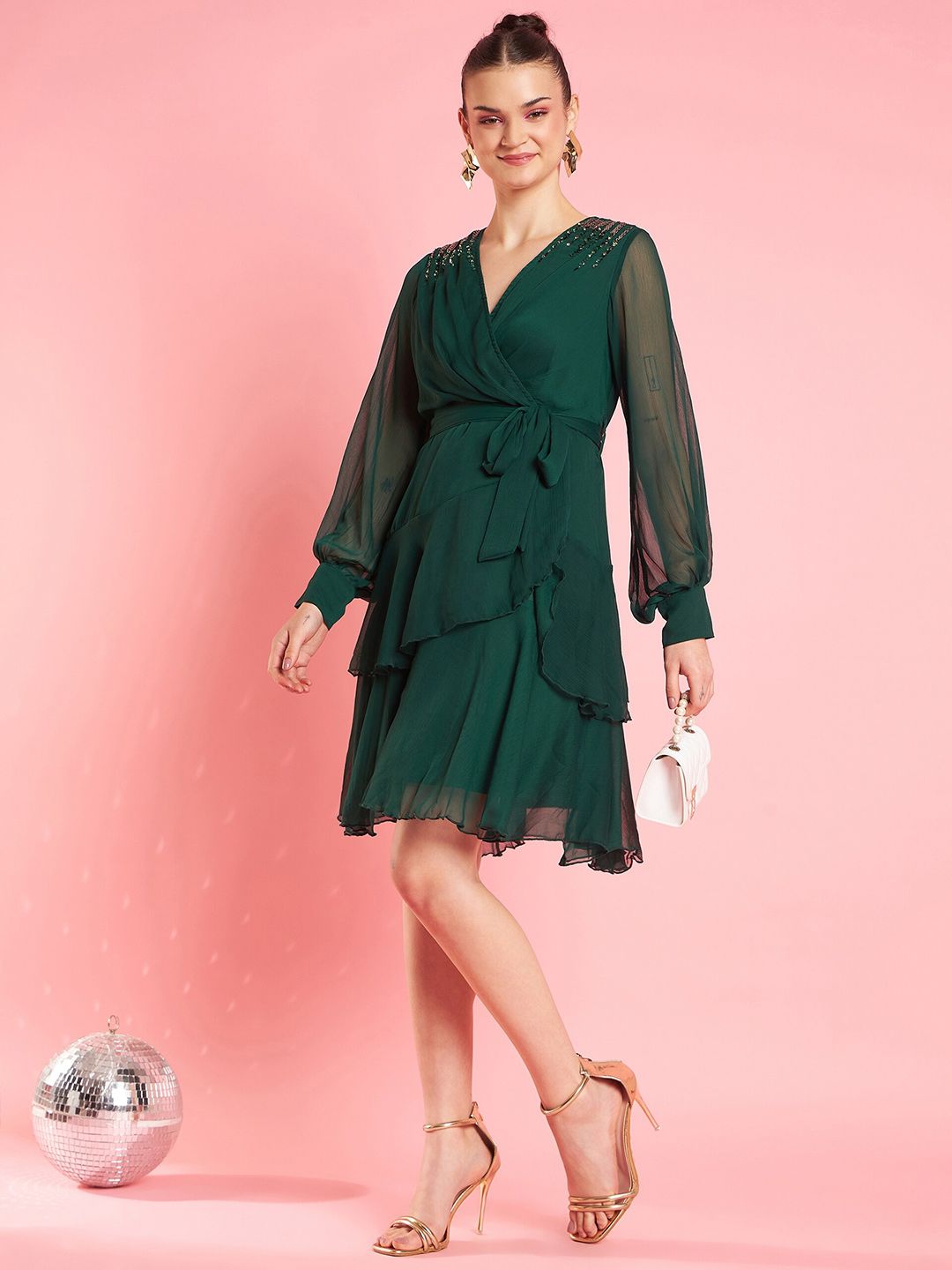 Antheaa Embellished Layered V-Neck Chiffon Fit & Flare Dress