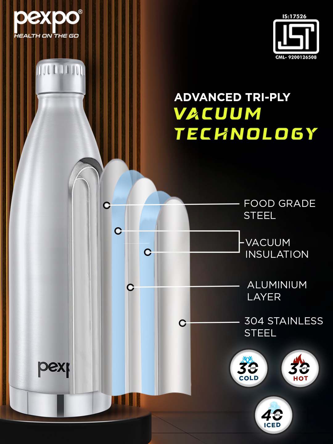 Pexpo Extreme Silver ISI Certified Thermosteel Hot & Cold Insulated Water Bottle 830ml