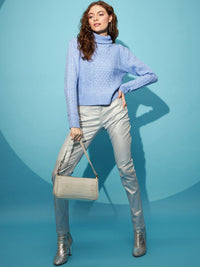STREET 9 Blue Cable Knit Turtle Neck Long Sleeves Acrylic Pullover Sweater