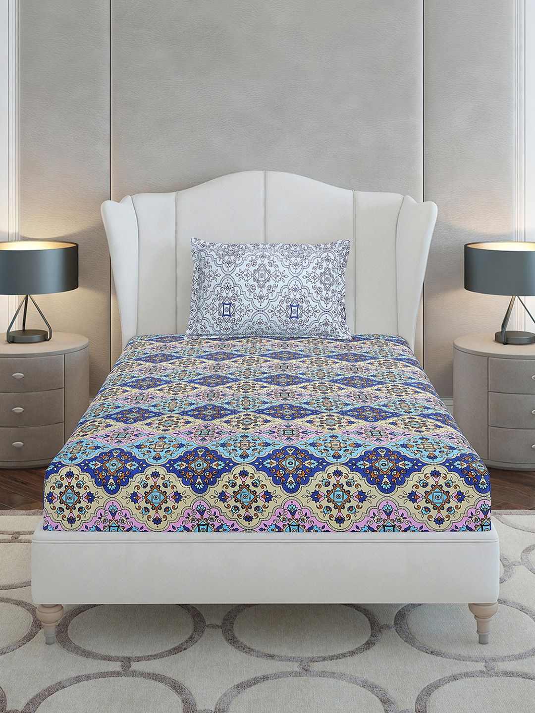 Monte Carlo Blue Ethnic Motifs Printed Cotton 144 TC Single Bedsheet Set 2.29 x 1.52 m