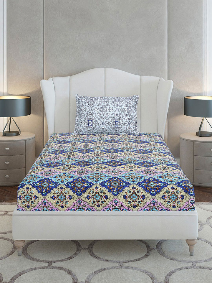 Monte Carlo Blue Ethnic Motifs Printed Cotton 144 TC Single Bedsheet Set 2.29 x 1.52 m