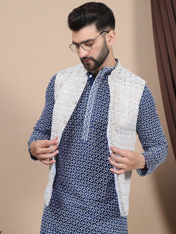 Anouk Navy Blue Ethnic Motifs Printed Pure Cotton Kurta with Churidar