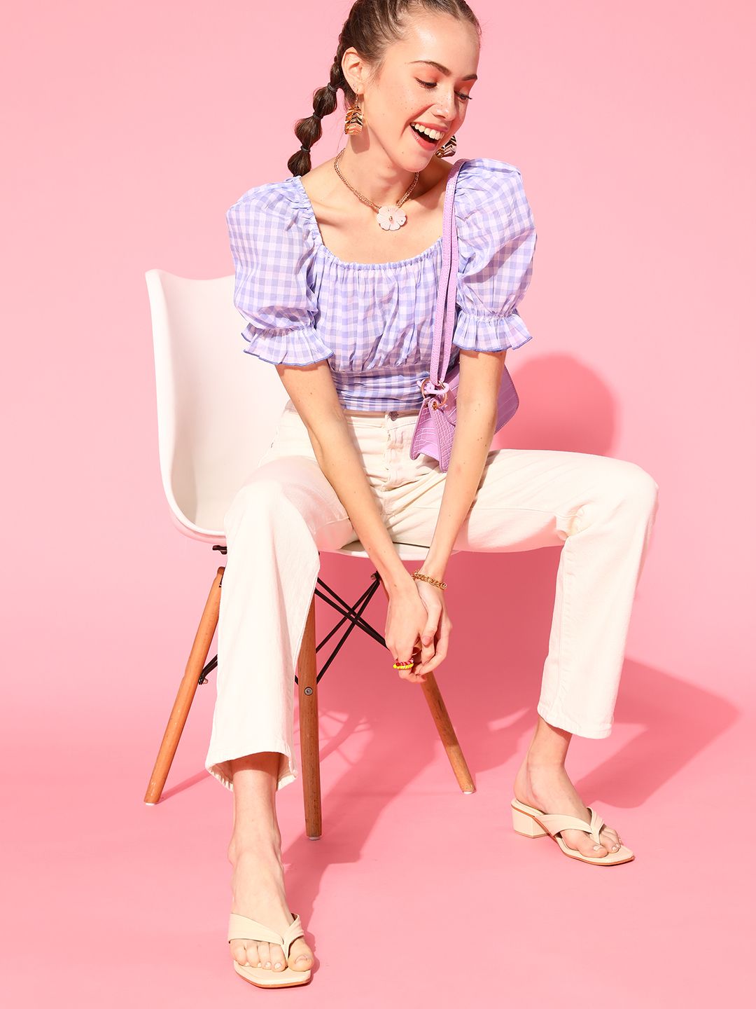 Antheaa Women Elegant Lavender Checked Summer Gingham Top