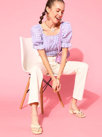 Antheaa Women Elegant Lavender Checked Summer Gingham Top