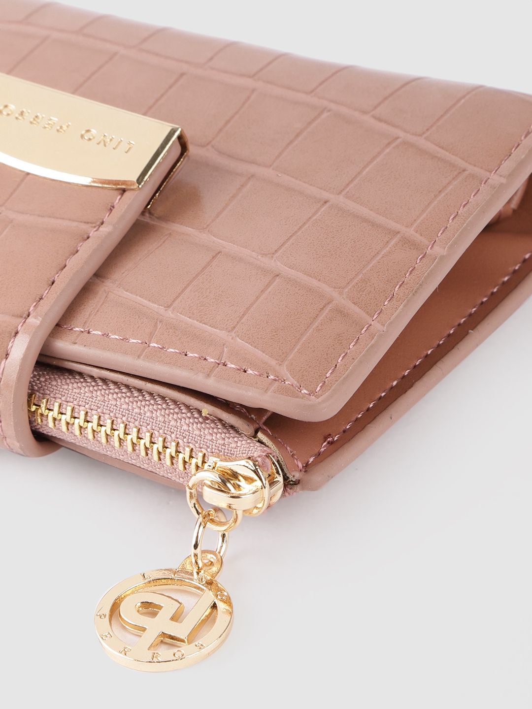 Lino Perros Women Peach-Coloured Croc Textured Two Fold Wallet