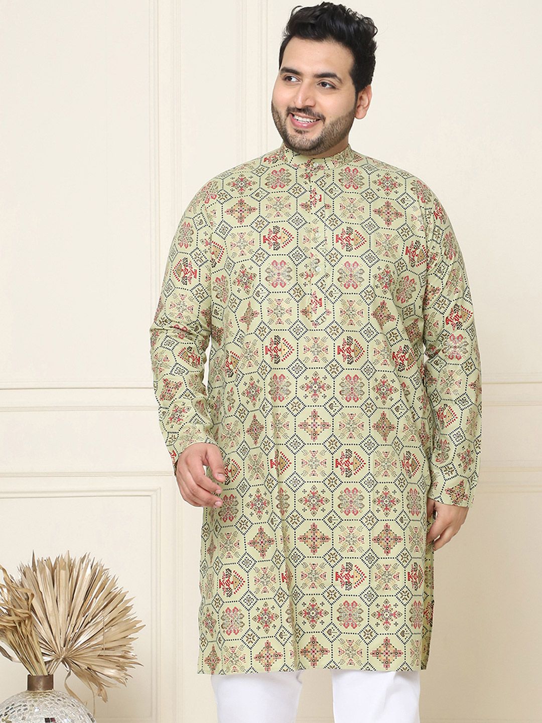 SOJANYA PLUS Ethnic Motifs Printed Band Collar Straight Cotton Linen Kurta