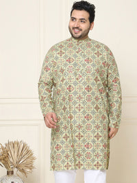 SOJANYA PLUS Ethnic Motifs Printed Band Collar Straight Cotton Linen Kurta