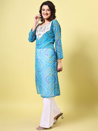 KALINI Bandhani Printed Round Neck Gotta Patti Georgette Straight Kurta