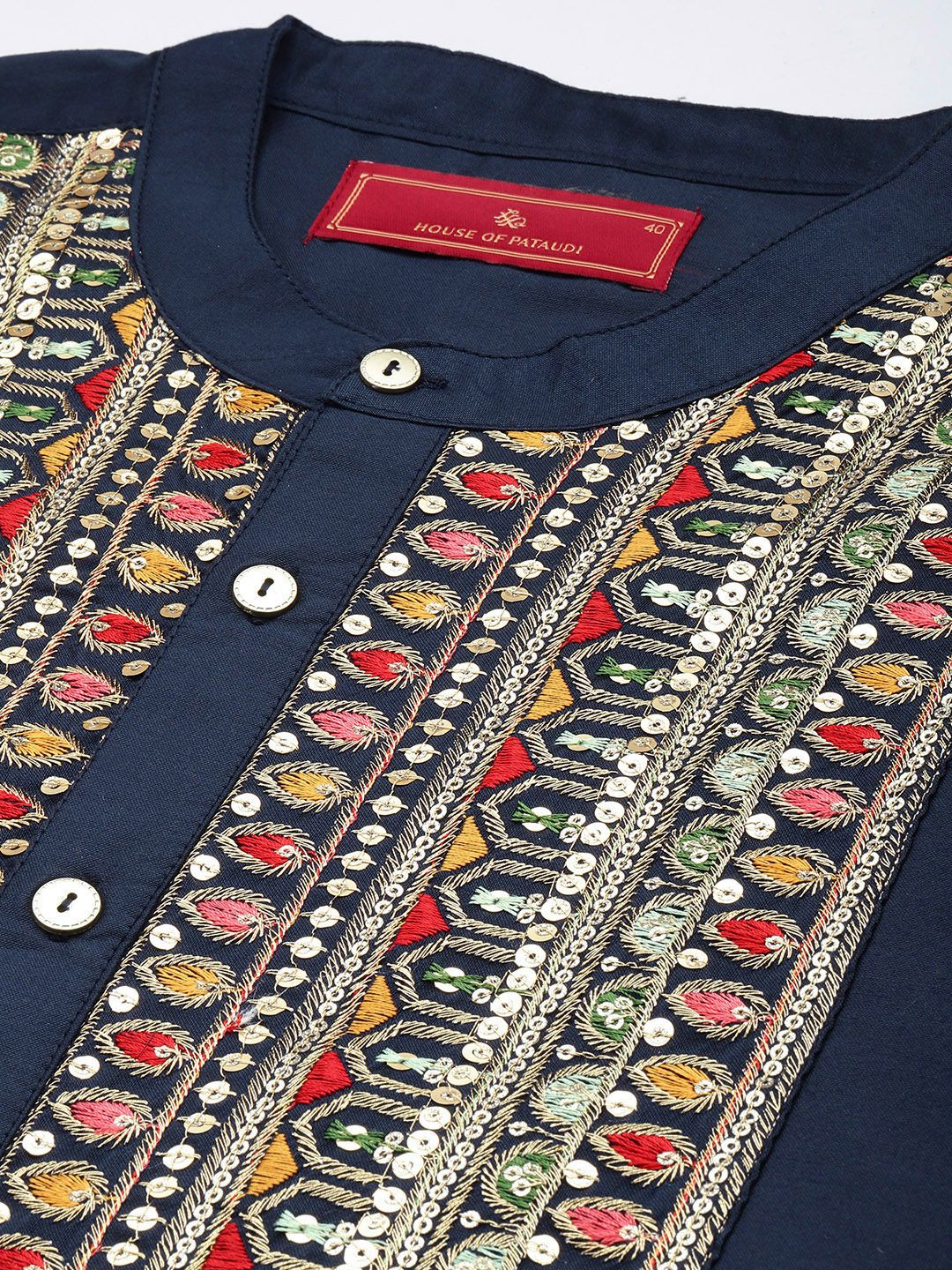 House of Pataudi Jashn Ethnic Motifs Yoke Design Indigo Zari Work Kurta