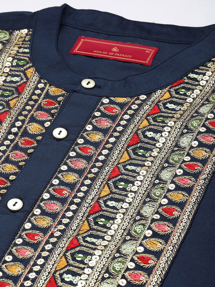House of Pataudi Jashn Ethnic Motifs Yoke Design Indigo Zari Work Kurta