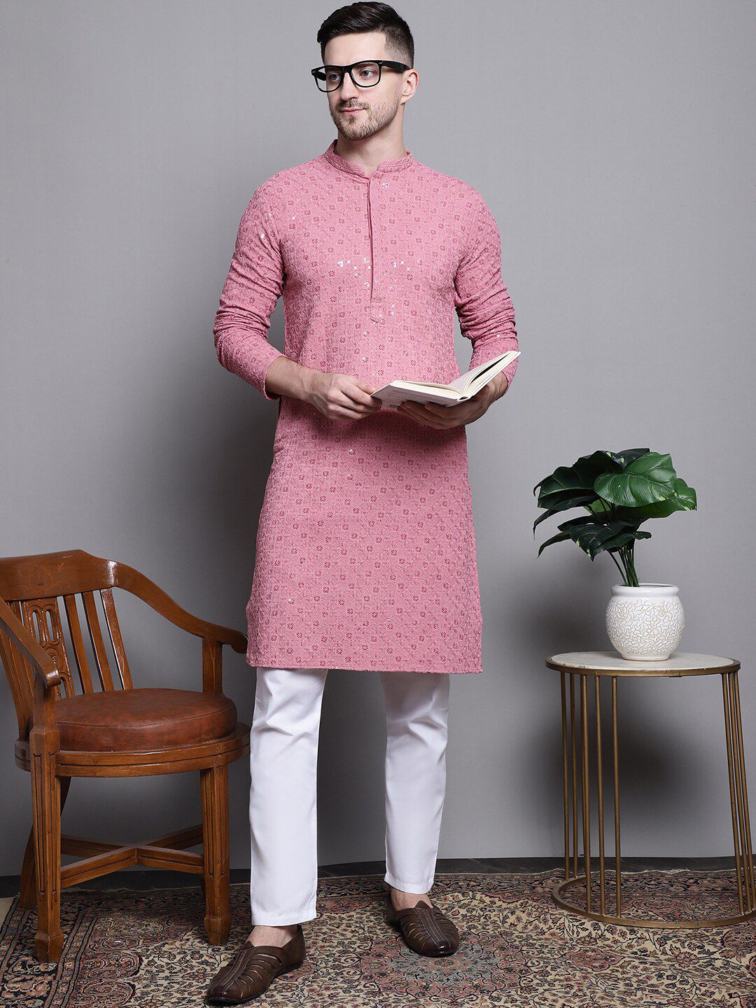 Jompers Floral Embroidered Thread Work Sequinned Pure Cotton Kurta