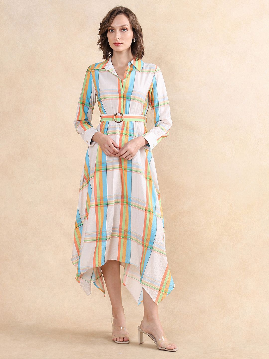 RAREISM Women Checked Fit & Flare Belted Maxi Dress Pocket Detailing