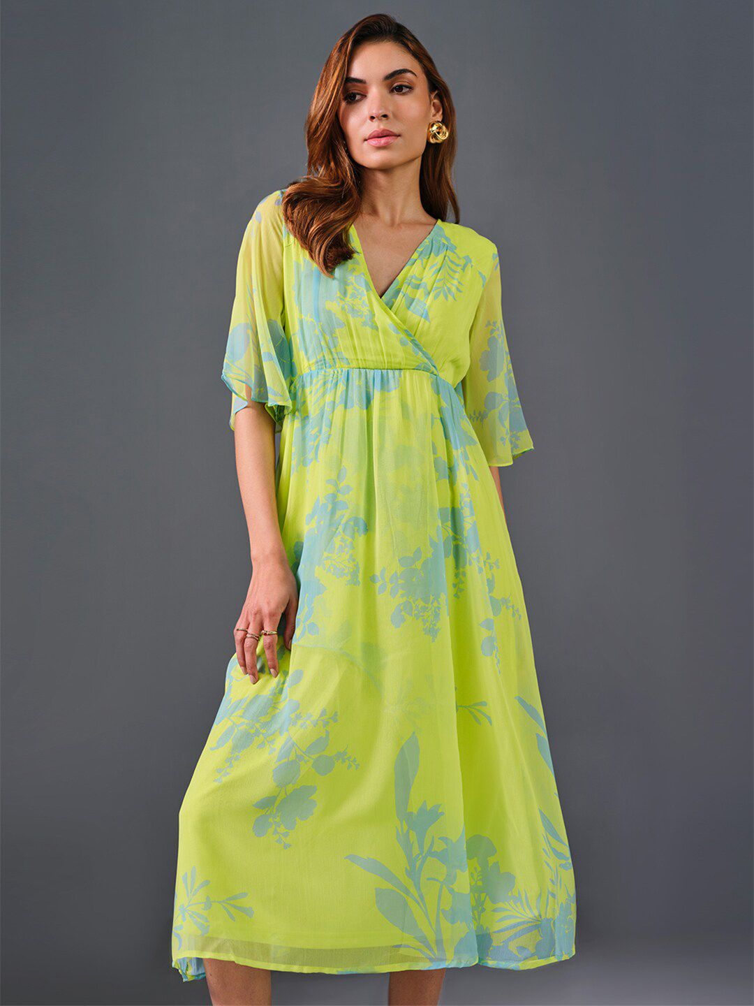 AND Floral Printed V-Neck Flared Sleeve Empire Midi Dress
