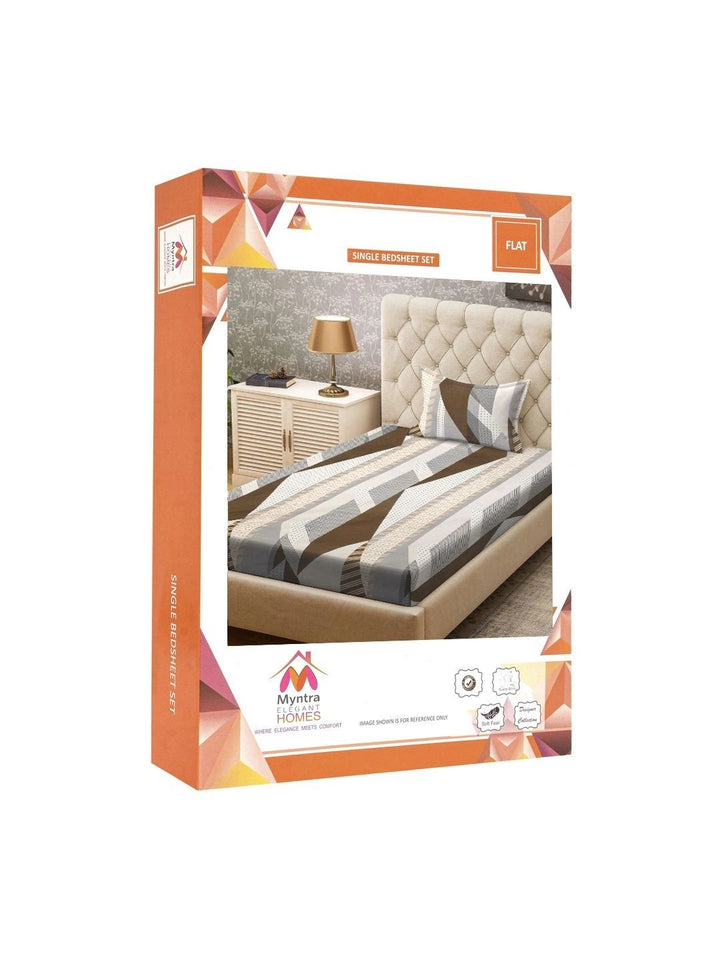 Myntra Elegant Homes White & Grey Geometric 300 TC Single Bedsheet with 1 Pillow Covers