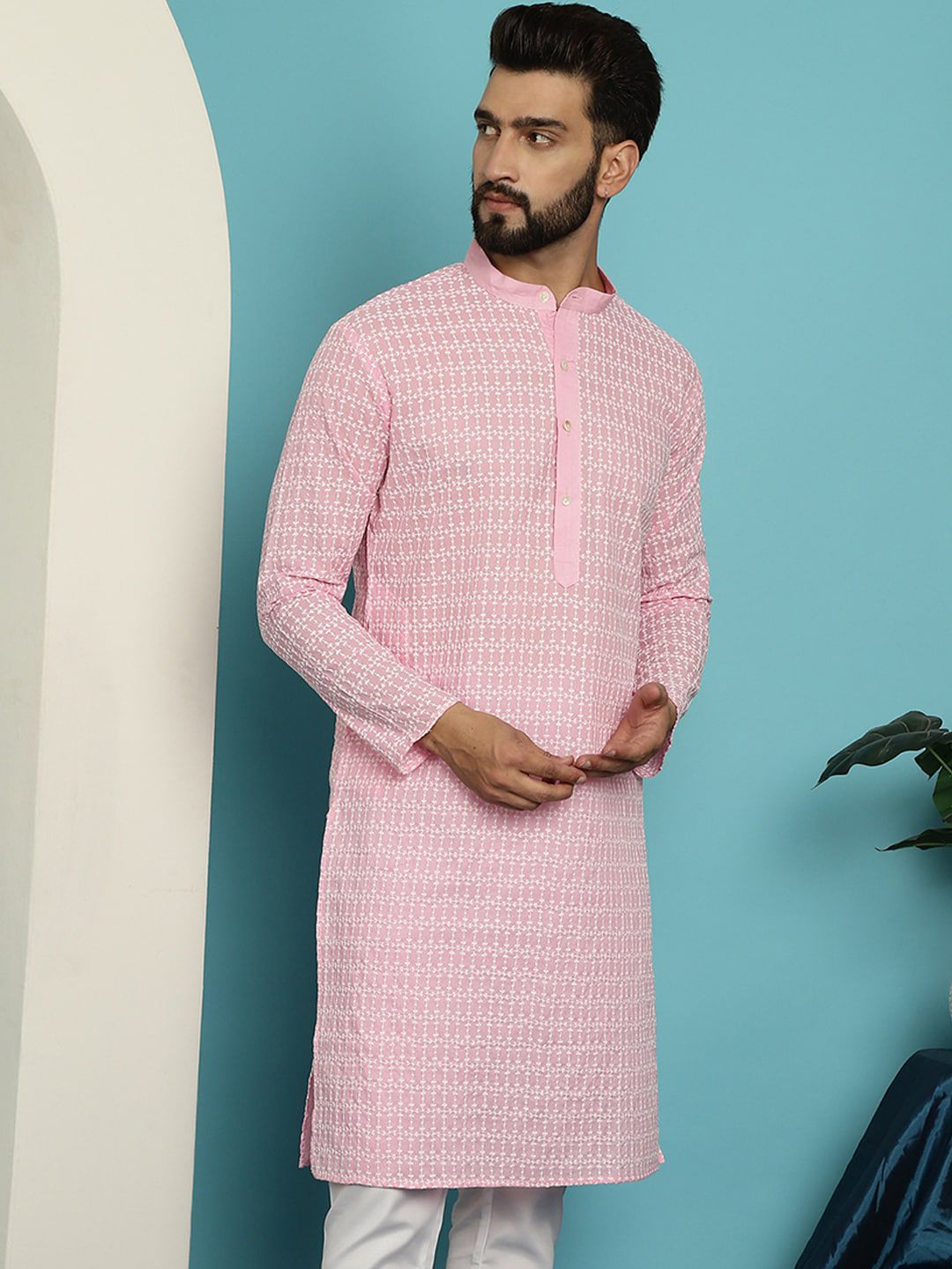 SOJANYA Striped Embroidered Thread Work Mandarin Collar Pure Cotton Straight Kurta