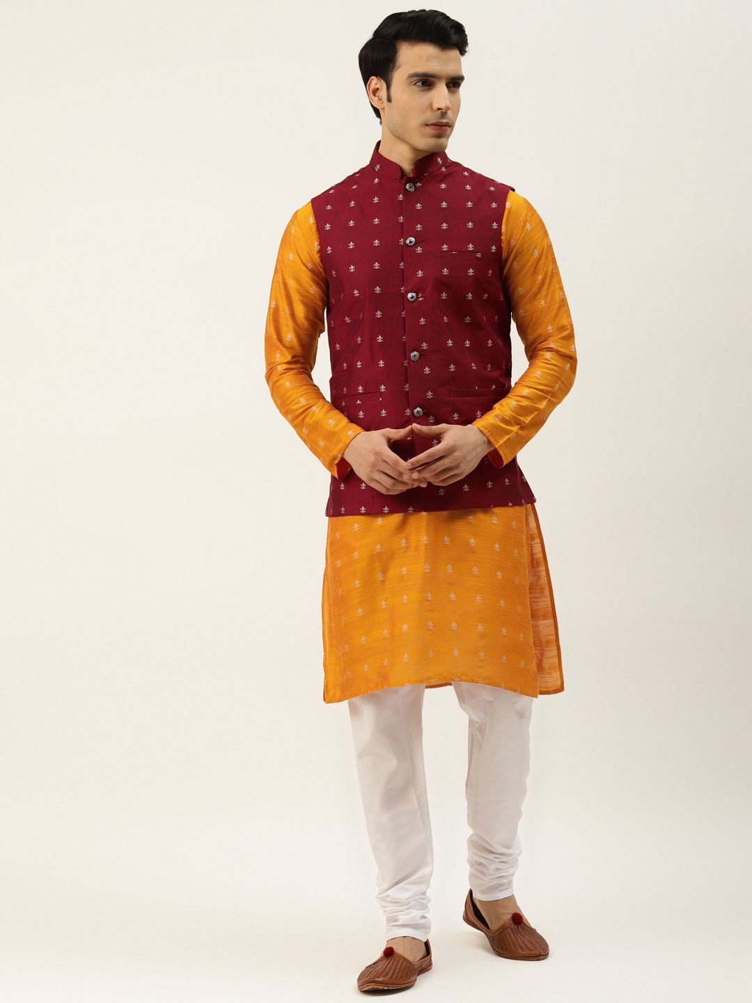 SOJANYA Men Orange Ethnic Motifs Kurta with Churidar & Nehru Jacket