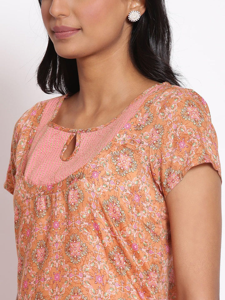 AURELIA Women Brown Floral Printed Thread Work Kurta with Palazzos