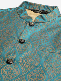 SOJANYA Men Teal Blue & Off-White Woven Design Kurta with Pyjamas & Nehru Jacket