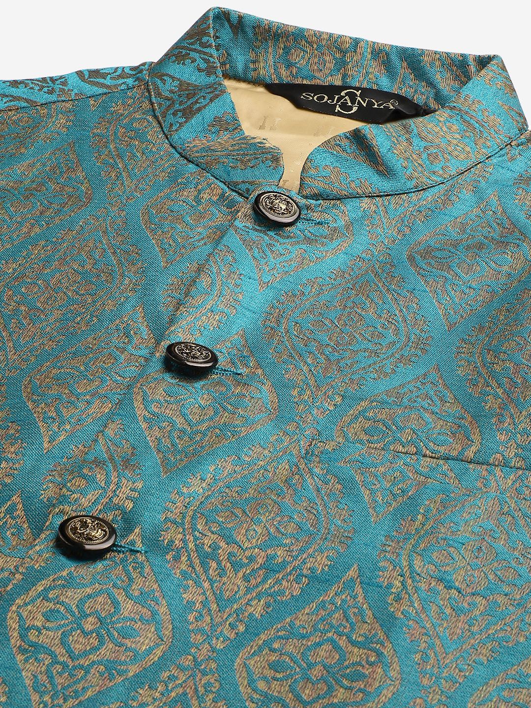 SOJANYA Men Teal Blue & Off-White Woven Design Kurta with Pyjamas & Nehru Jacket