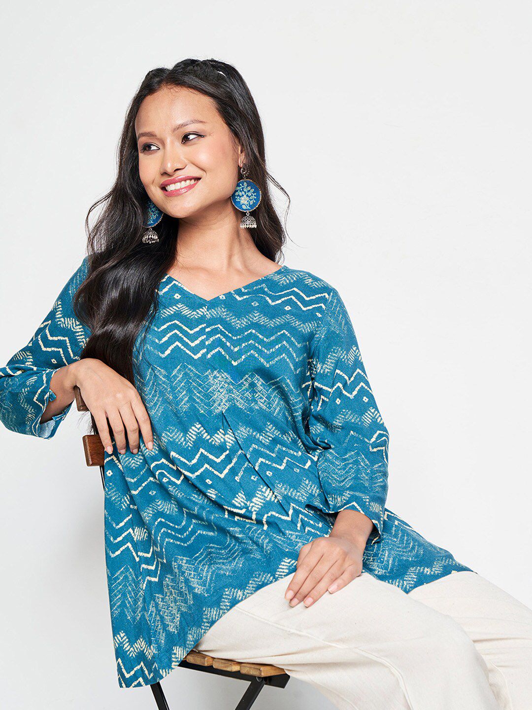 Global Desi Geometric Printed V-Neck A-Line Top
