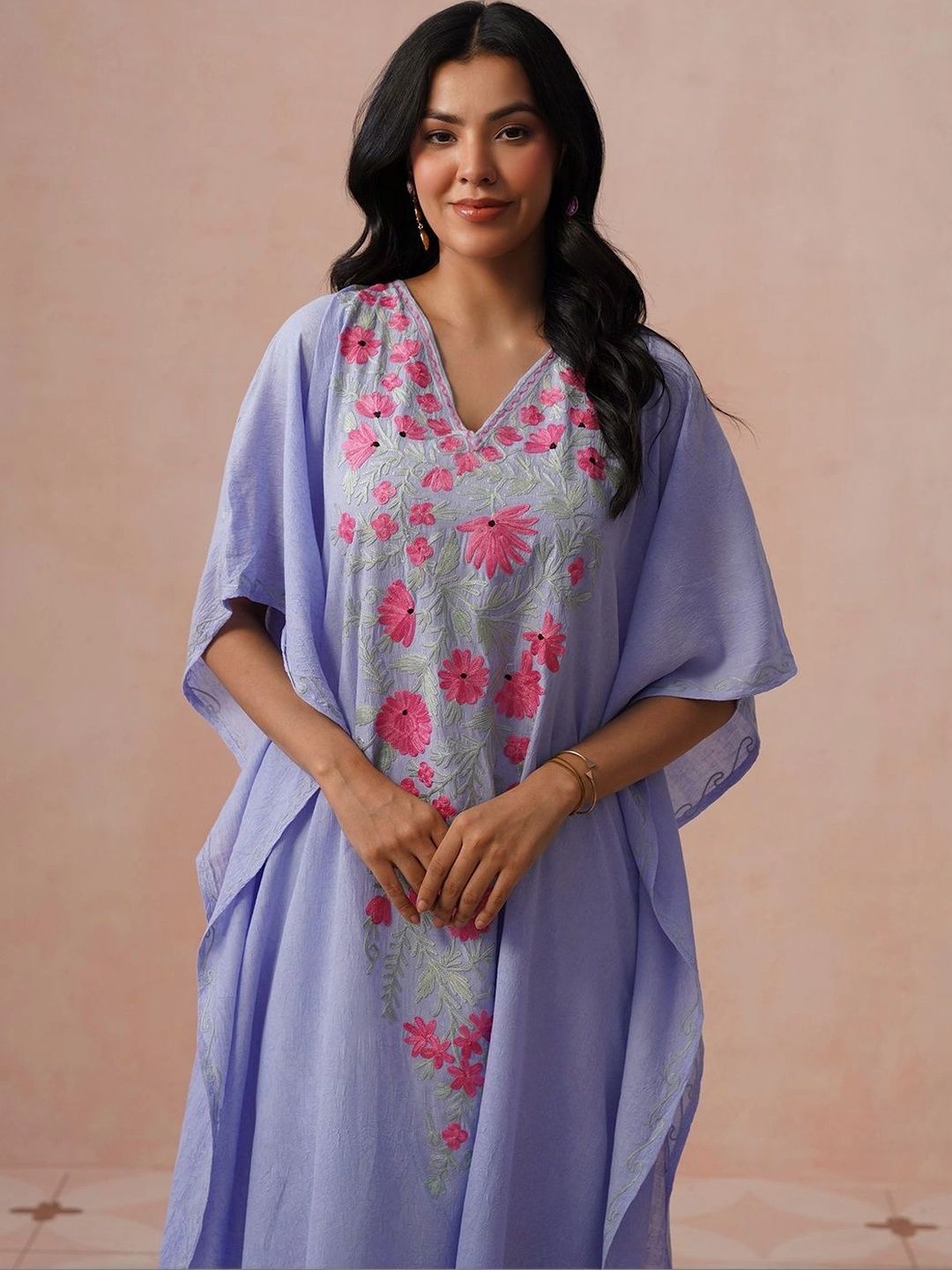 House of Chikankari Wanita Sulaman Bunga Lengan Panjang Kerja Benang Krep Bunga Kaftan Kurta