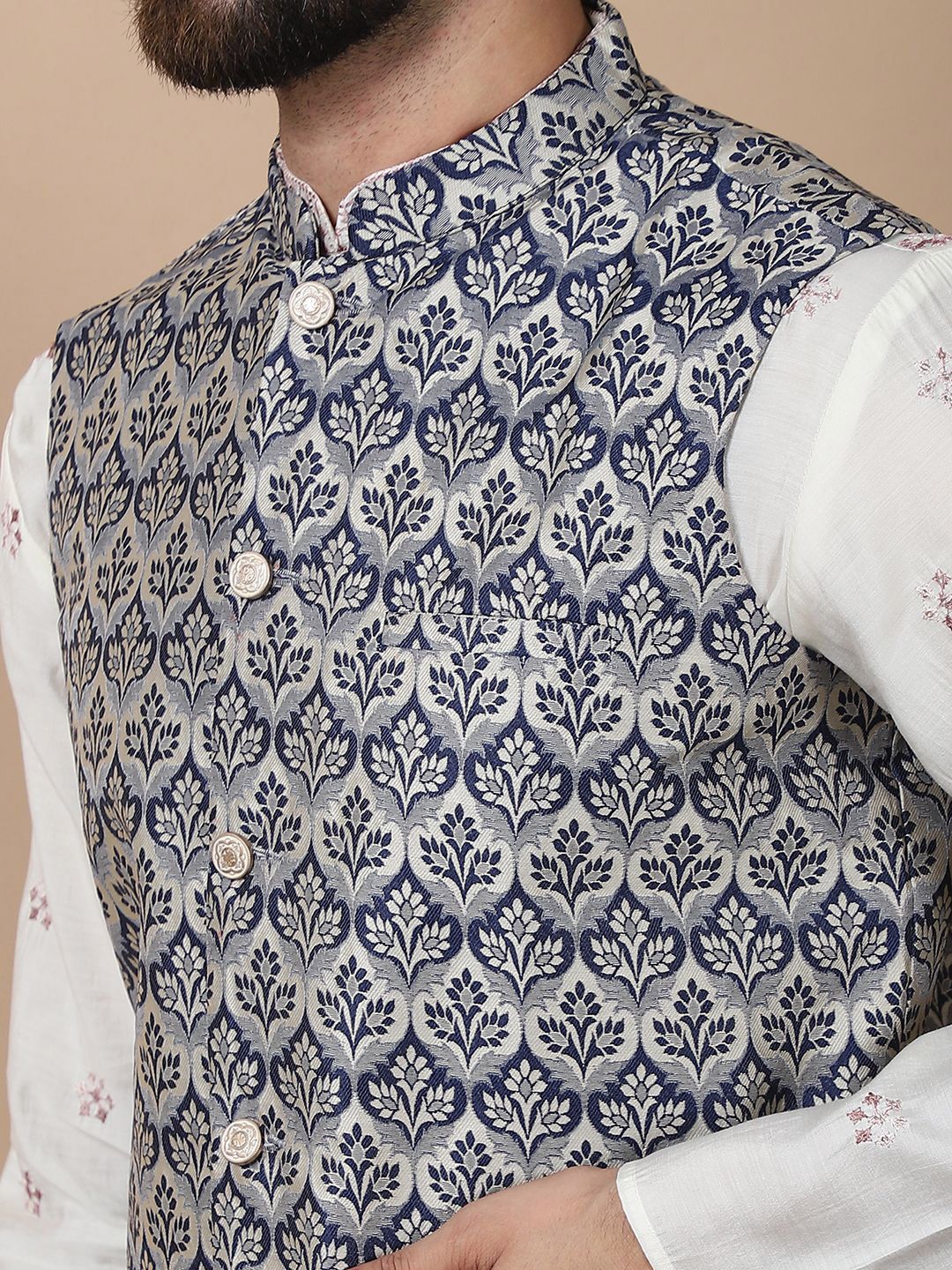 Anouk Cream-Coloured Floral Embroidered Cotton Silk Kurta with Churidar & Nehru Jacket