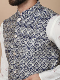 Anouk Cream-Coloured Floral Embroidered Cotton Silk Kurta with Churidar & Nehru Jacket