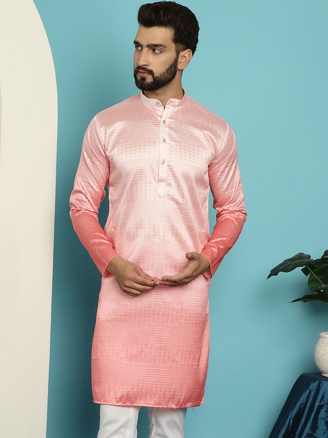 SOJANYA Mandarin Collar Ombre Silk Cotton Jacquard Kurta