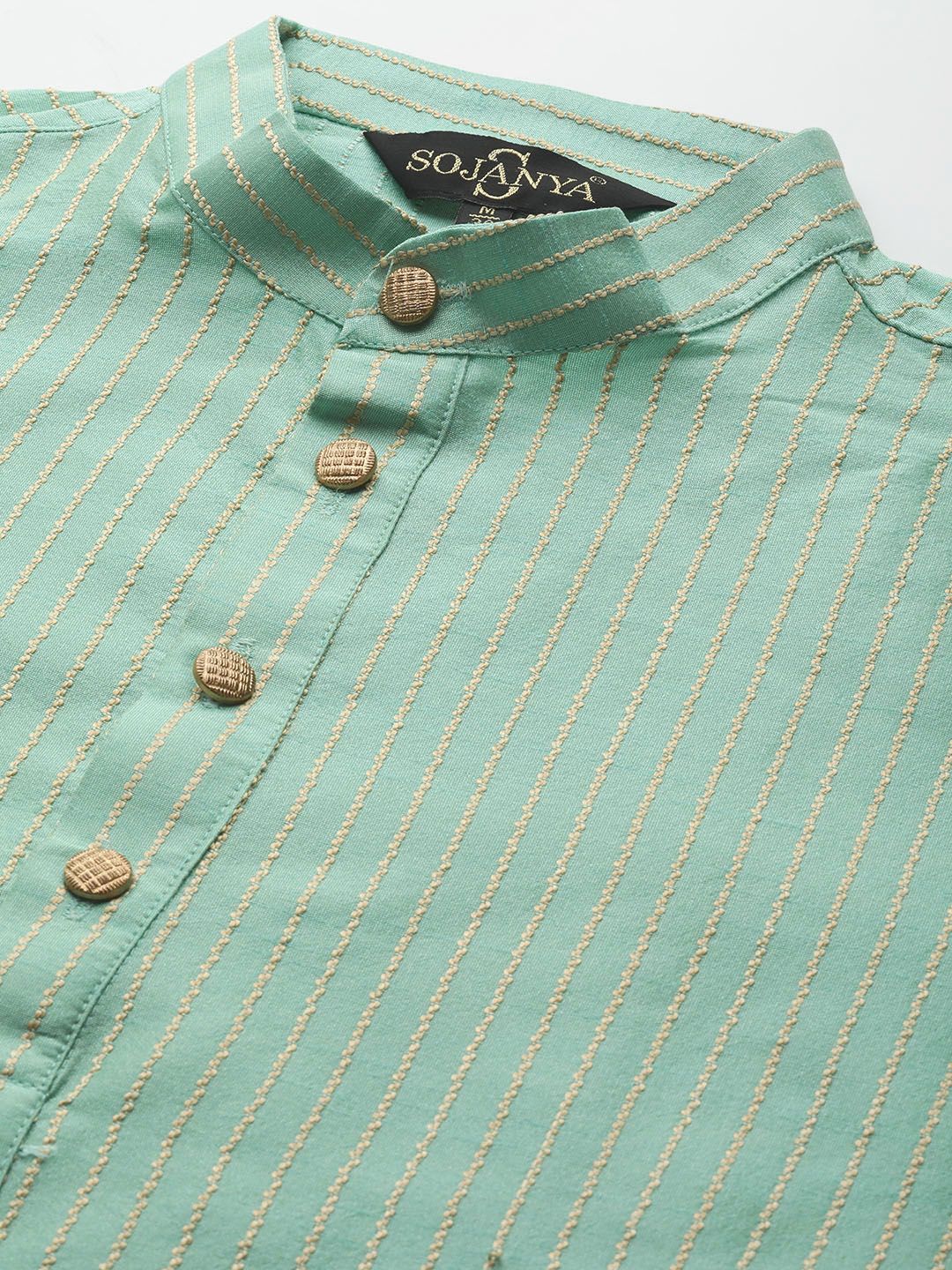 SOJANYA Lelaki Sea Green & Beige Thread Work Straight Kurta Churidar dengan Jaket Nehru