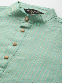 SOJANYA Men Sea Green & Beige Thread Work Straight Kurta Churidar with Nehru Jacket