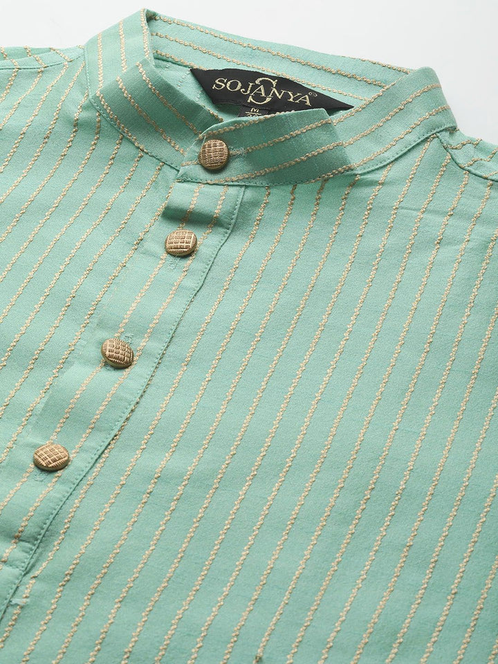 SOJANYA Lelaki Sea Green & Beige Thread Work Straight Kurta Churidar dengan Jaket Nehru