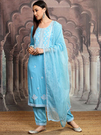 Vishudh Blue Ethnic Motifs Embroidered Thread Work Kurta with Trousers & Dupatta