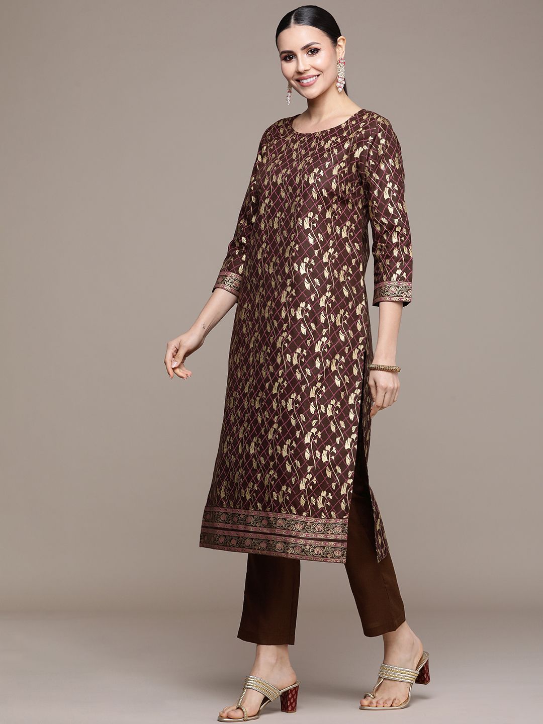 Anouk Women Brown Floral Printed Regular Kurta with Trousers