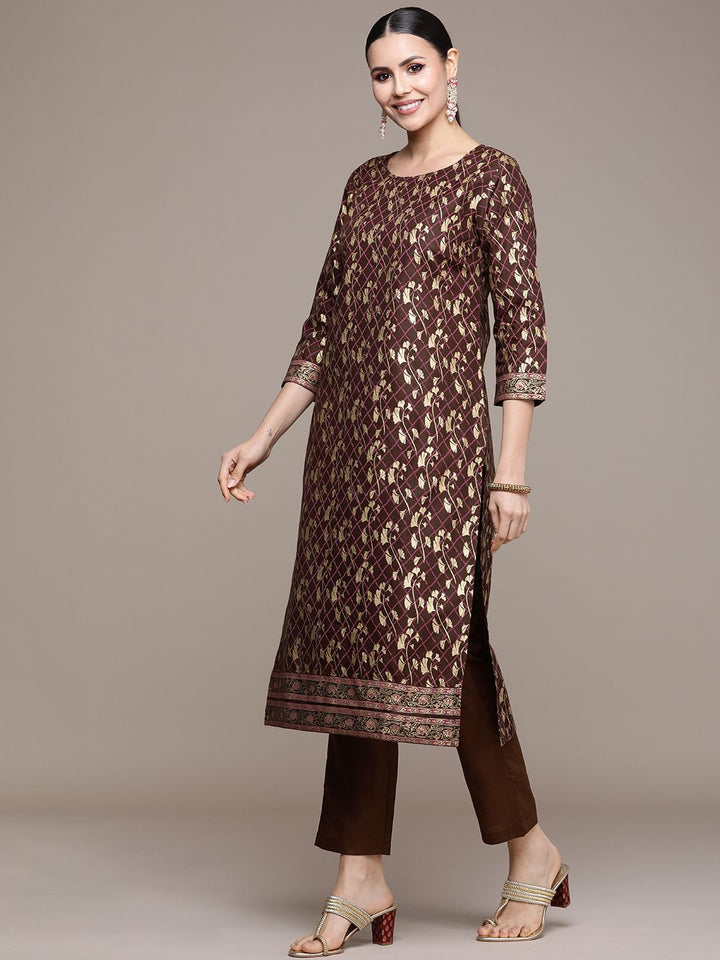 Anouk Women Brown Floral Printed Regular Kurta with Trousers