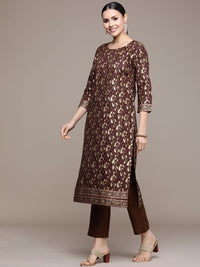 Anouk Women Brown Floral Printed Regular Kurta with Trousers