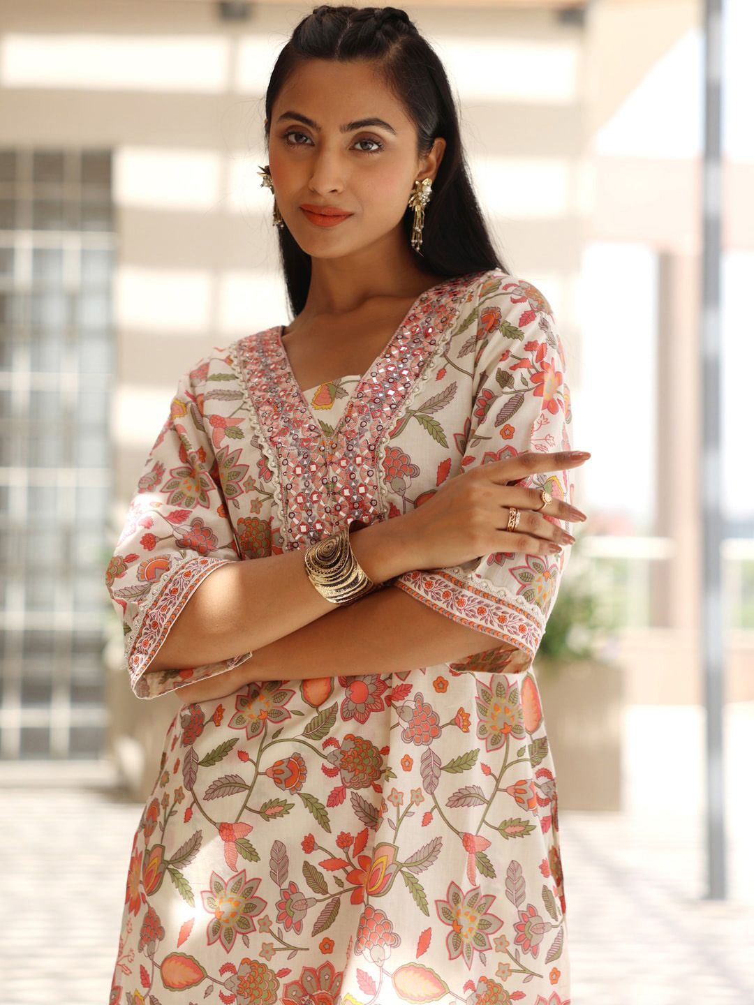 Libas Women Ethnic Motifs Printed Regular Mirror Work Pure Cotton Kurta with Palazzos