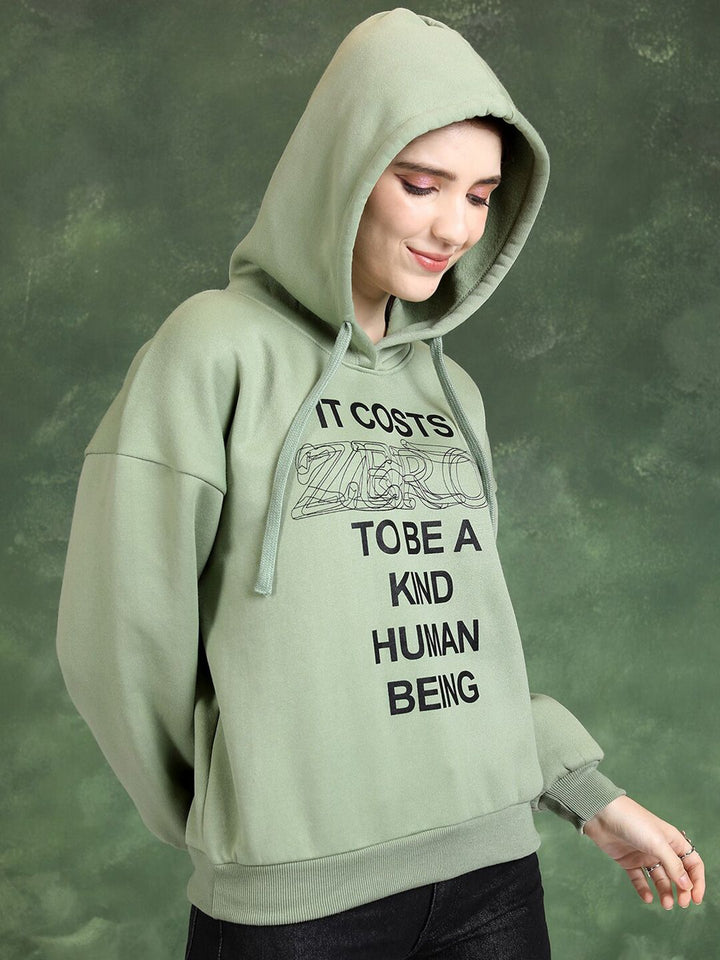Tokyo Talkies Green Typography Printed Hooded Sweatshirt