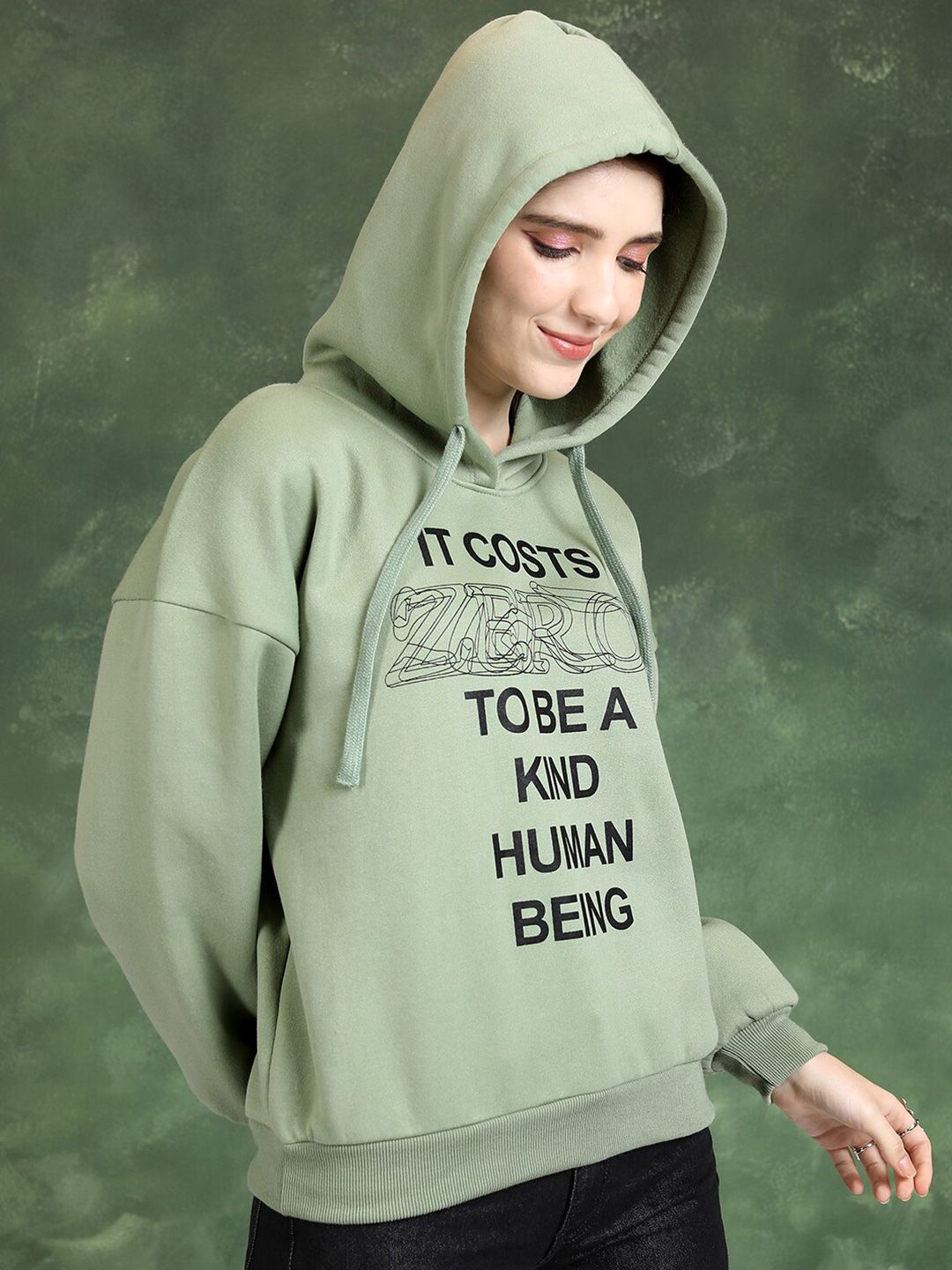 Tokyo Talkies Green Typography Printed Hooded Sweatshirt
