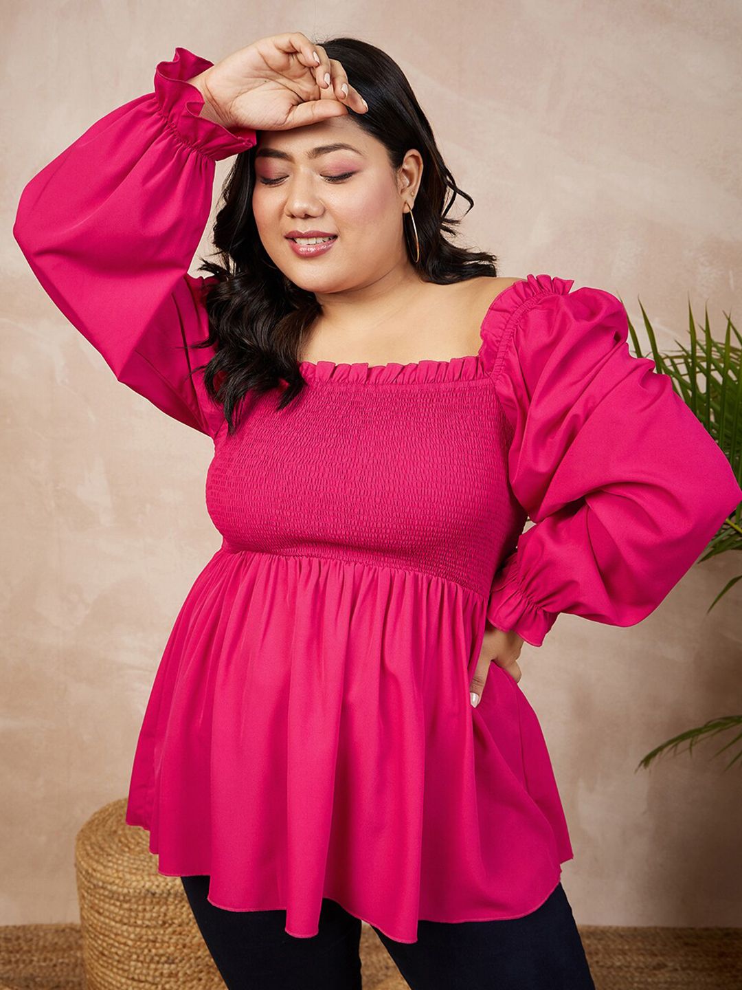 Curve Berrylush Plus Saiz Square Neck Smocked A-Line Regular Top