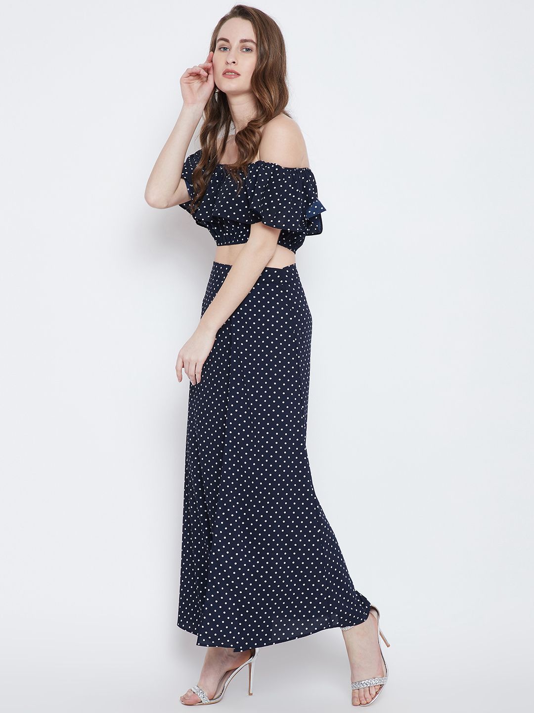 Berrylush Navy Blue Polka Dot Print Two-Piece Bardot Dress