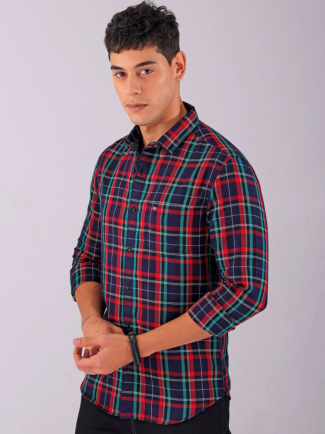 The Indian Garage Co Men Spread Collar Tartan Checked Cotton Slim Fit Casual Shirt