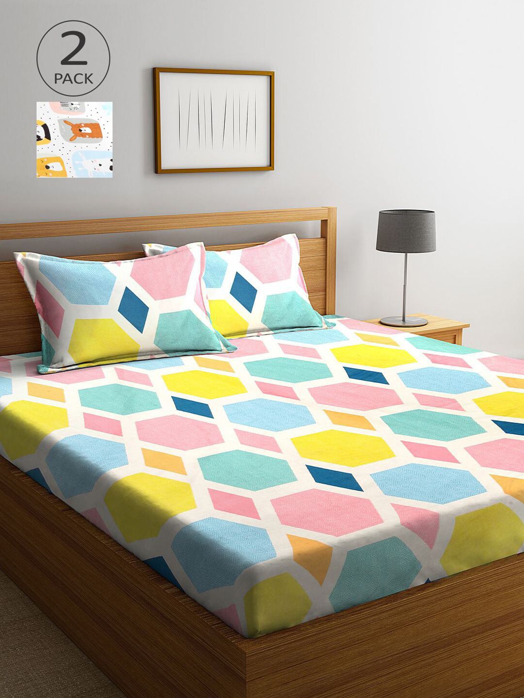 KLOTTHE Multicolored Geometric Cotton 300 TC King Fine 2 Cadar dengan 4 Sarung Bantal-250 x 220 cm