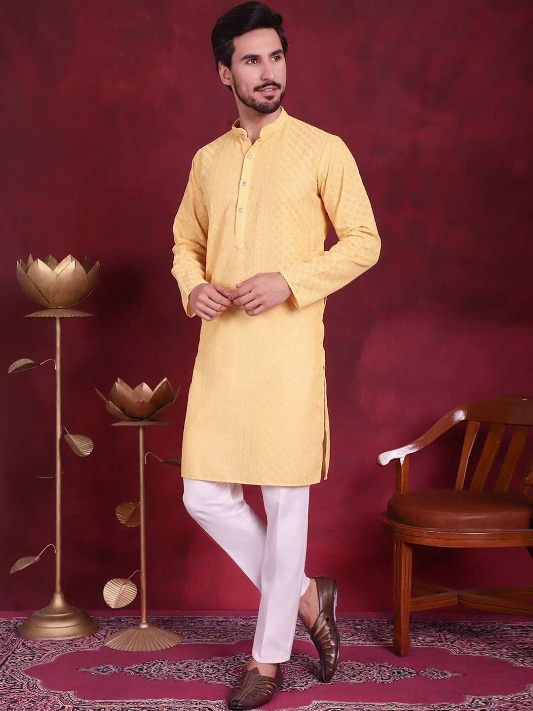 Jompers Ethnic Motifs Embroidered Mandarin Collar Chikankari Georgette Kurta with Pyjamas