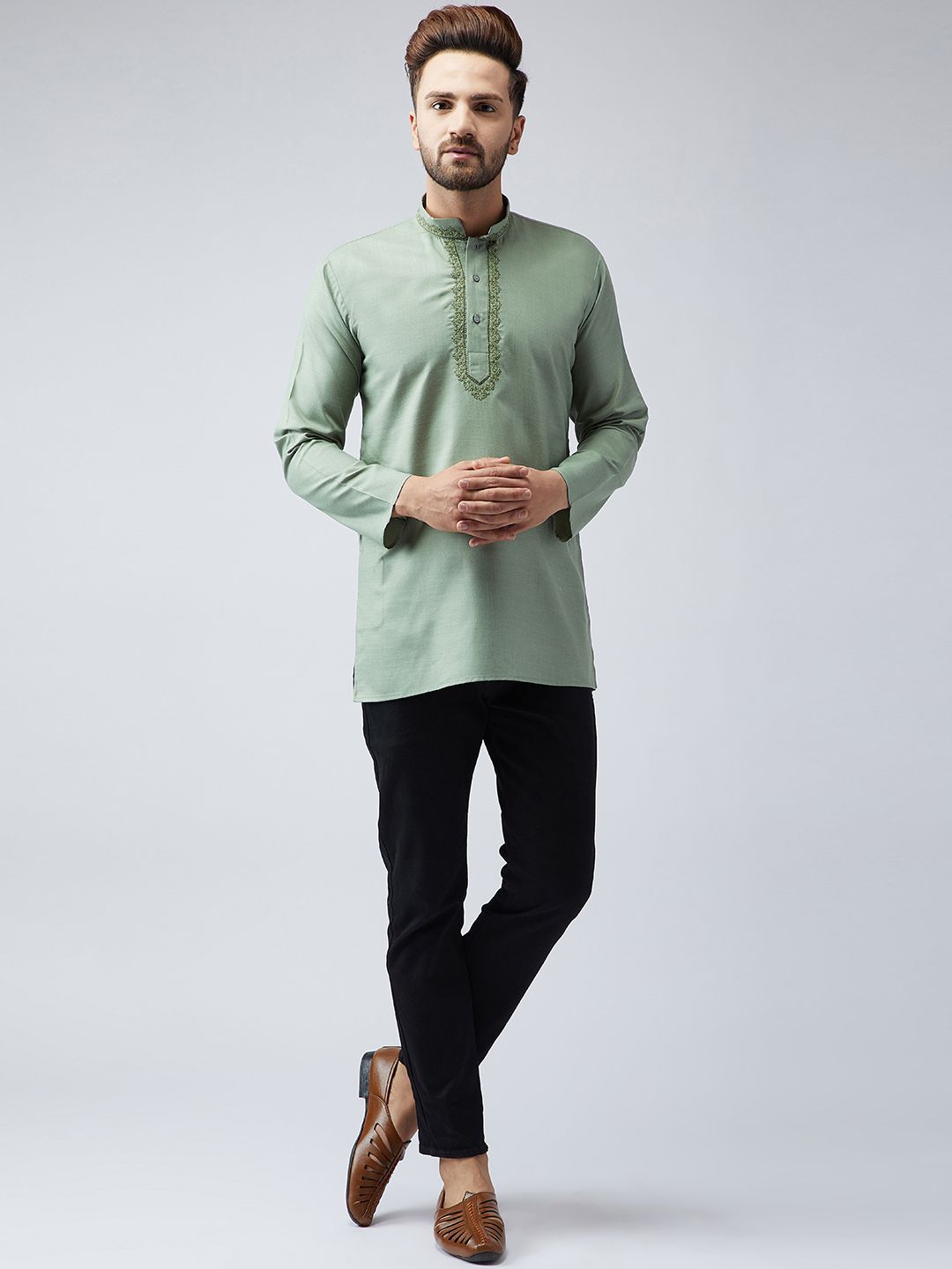 SOJANYA Lelaki Kurta Pendek Bersulam Hijau Zaitun