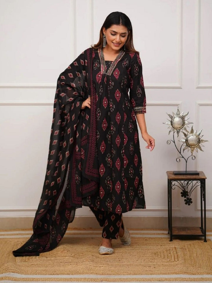 KALINI Printed V-Neck Kurta with Trousers & Dupatta