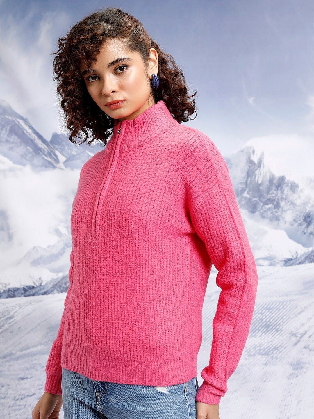 Tokyo Talkies Pink Cable Knit Self Design Turtle Neck Pullover Sweater