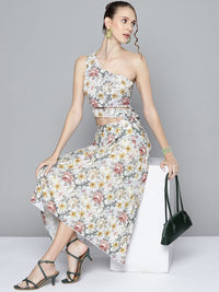 SASSAFRAS Women Off-White & Green Floral Accordion Pleated Asymmetric Skirt