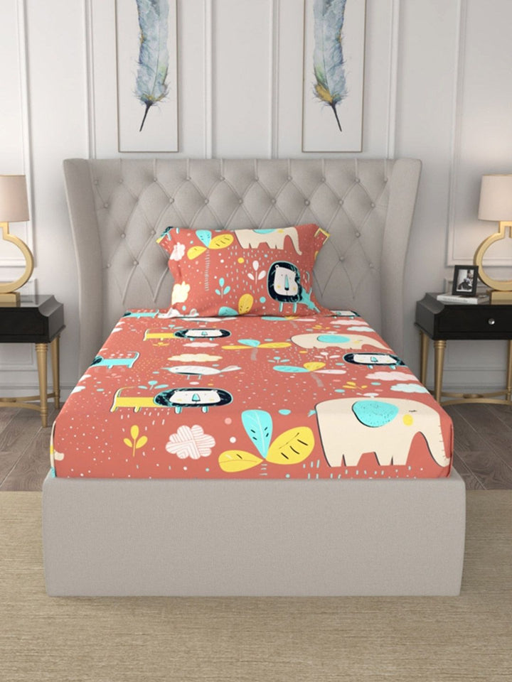 URBAN SPACE Orange Cartoon Characters 200 TC Cotton Single Bedsheet & 1 Pillow Cover