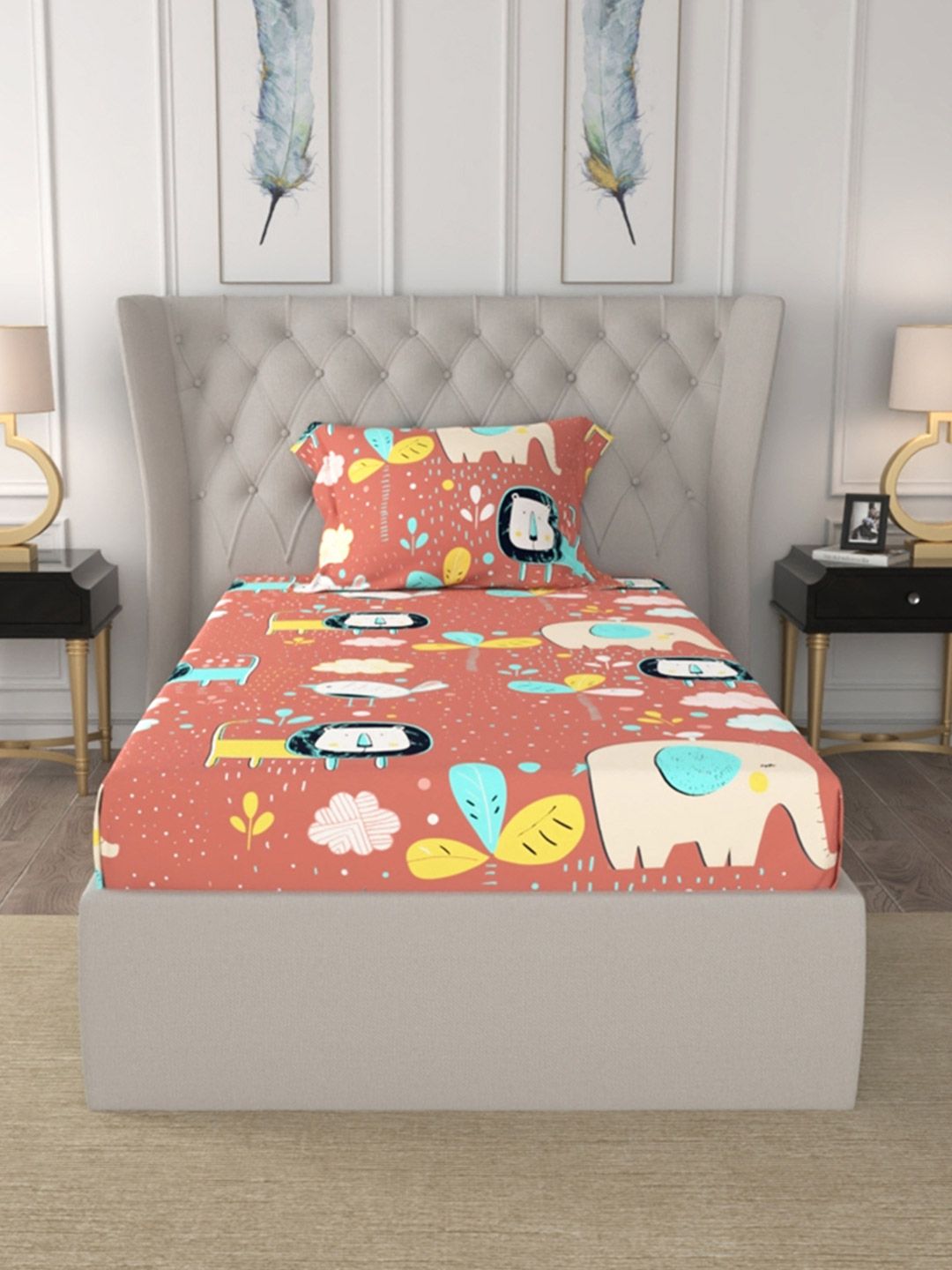URBAN SPACE Orange Cartoon Characters 200 TC Cotton Single Bedsheet & 1 Pillow Cover