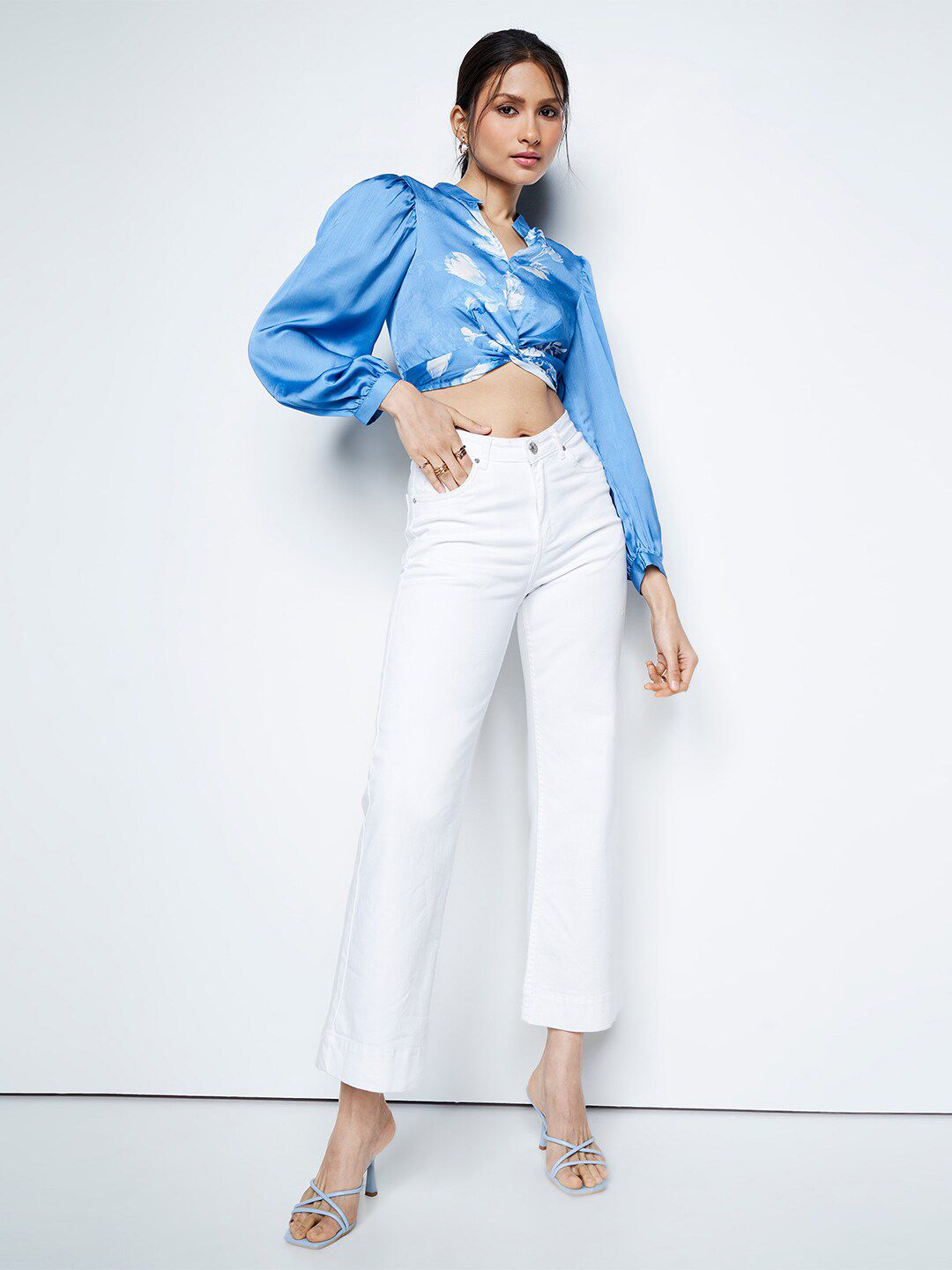 AND Floral Printed Mandarin Collar Cuffed Sleeves Regular Crop Top